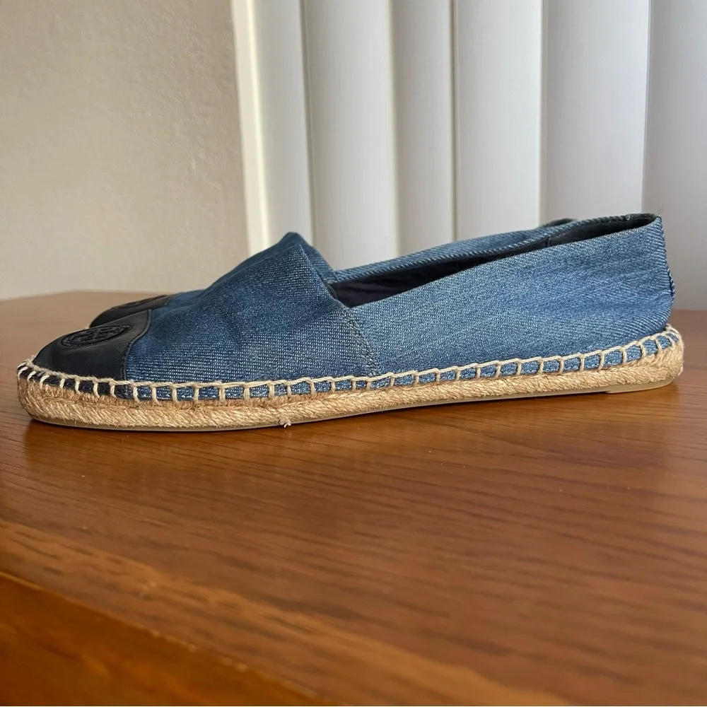 Tory Burch Color Block Espadrille Flats Denim Chambray/Navy Size 9 - Picture 2 of 16